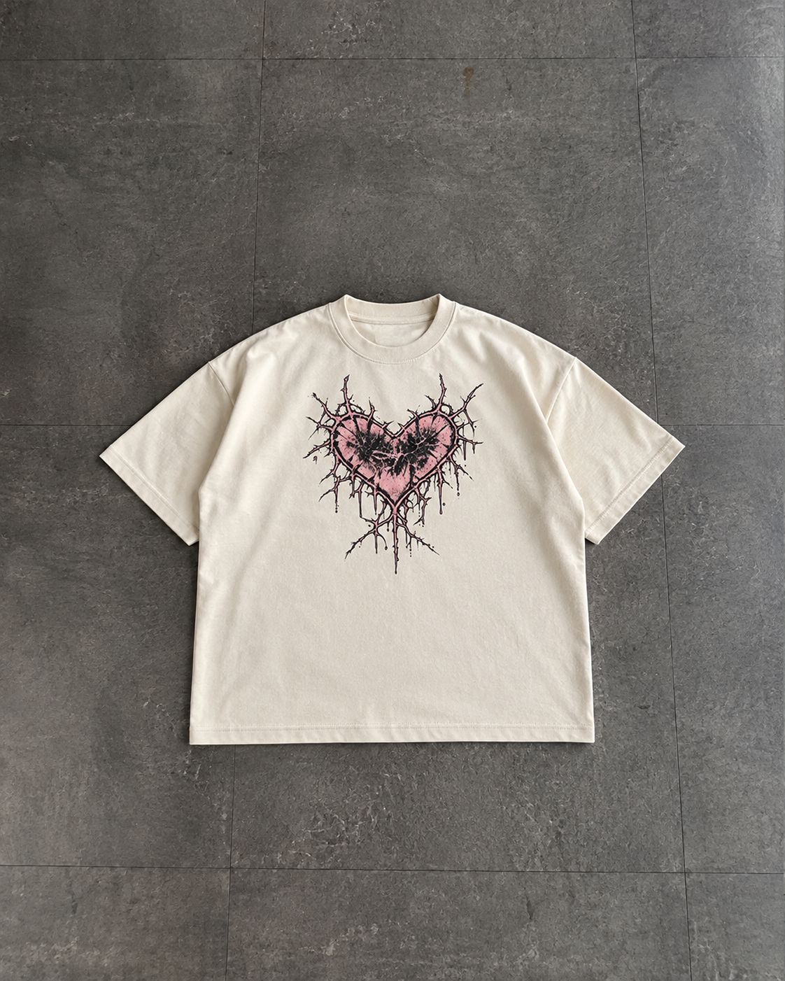 An off-white short-sleeve t-shirt with a graphic of a pink heart pierced by barbed wire, laid flat on a dark gray tiled surface.

Color: Vintage White Front