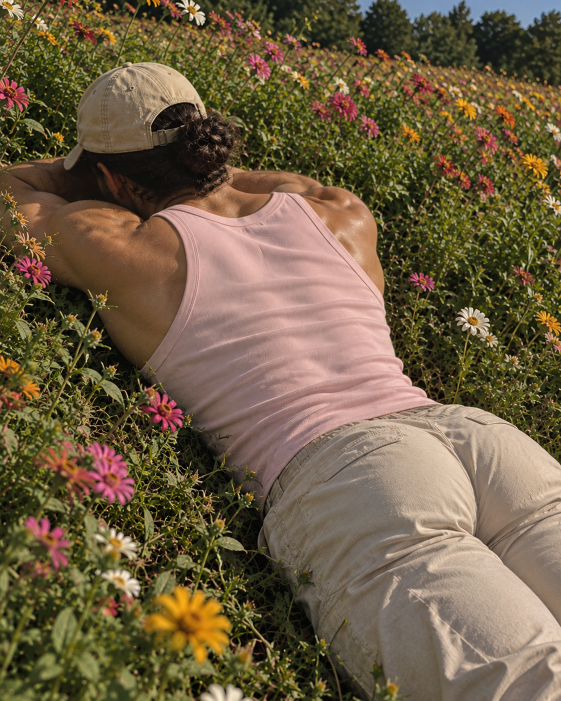 A person lying on their back in a sunny field of colorful wildflowers, wearing a light pink tank top, beige pants, and a beige baseball cap.

Color: Orchid Back