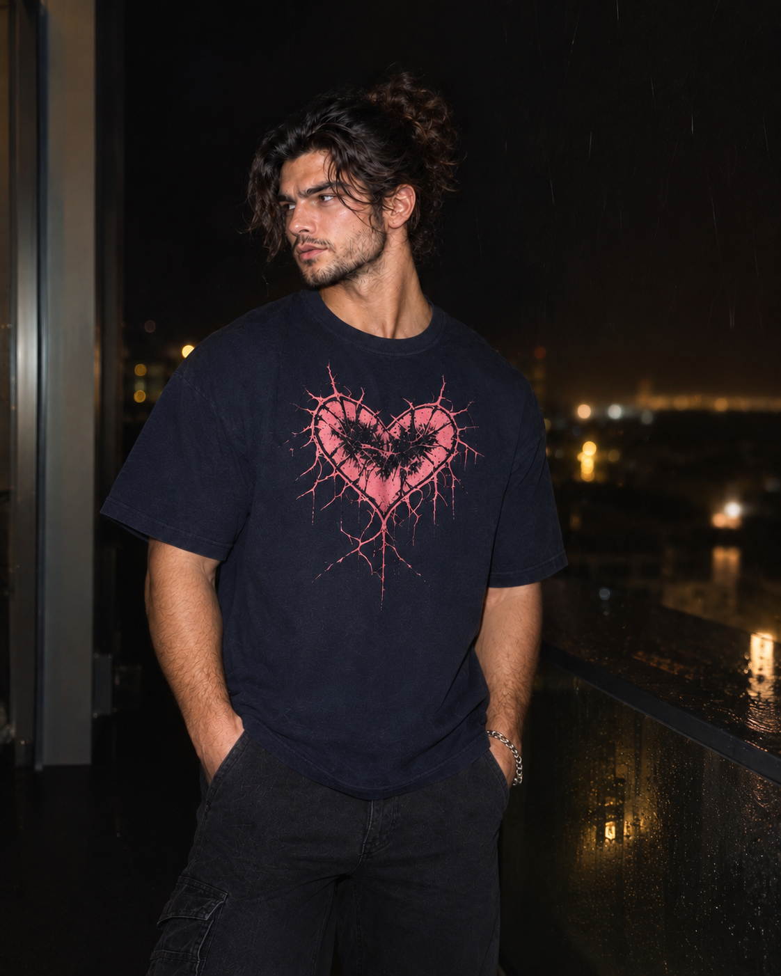 A man wearing a black graphic t-shirt with a pink and black heart design, standing on a balcony at night in the rain.

Color: Navy Blazer Front