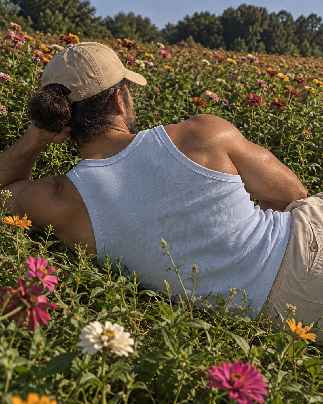 A man lying in a flower field, seen from behind, wearing a beige baseball cap, a light blue tank top, and khaki shorts.

Color: Powder Back