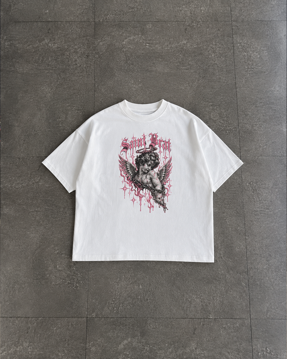 A white short-sleeve graphic t-shirt laid flat on a dark gray tiled floor. The shirt features a black and red gothic-style graphic of a winged figure with the word 'Cult Leader' in a red distressed font above it.

Color: White Front